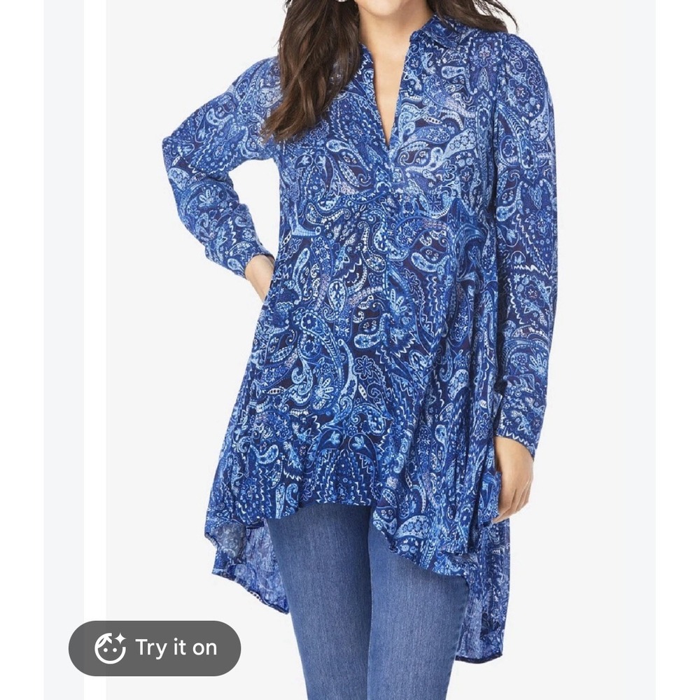 Roamans 24W Blue White Floral Paisley V-Neck Tunic Blouse Long Sleeve New
